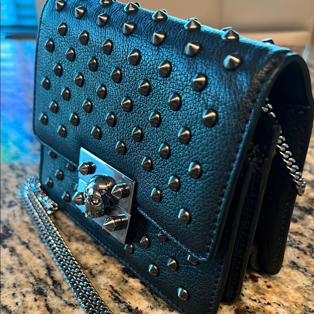 Studded Black Leather Chain Bag